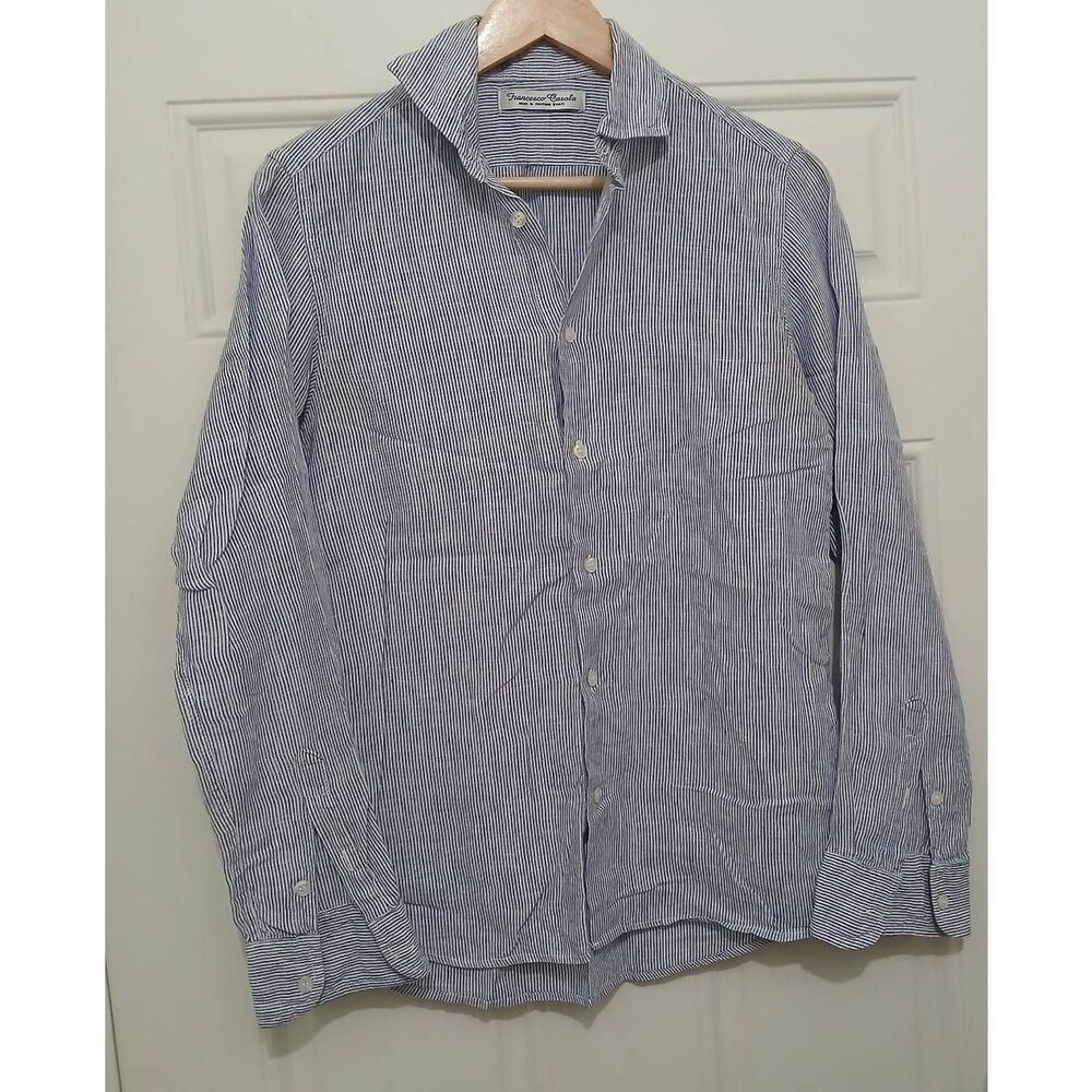 Francesco casola womens Small Italian 100% linen pinstripe shirt blue white